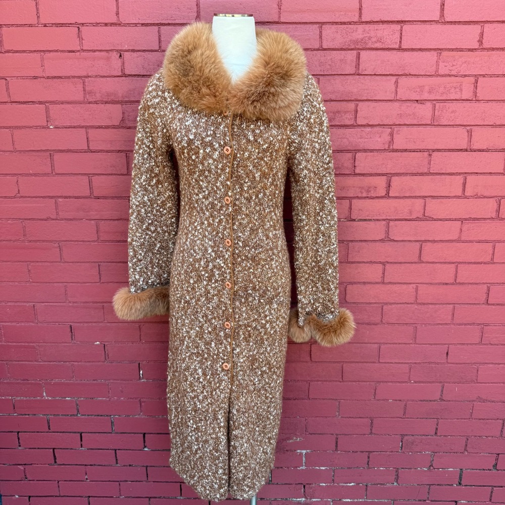 Vtg HALUKOKO Penny Lane Marled Knit Faux Fur Trim Longline Cardigan Coat Large